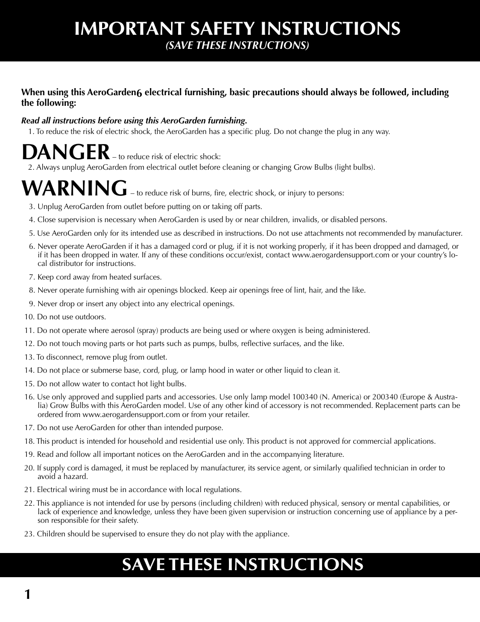 Danger, Warning, Important safety instructions | Save these instructions | AeroGarden 100610-SLR User Manual | Page 2 / 16