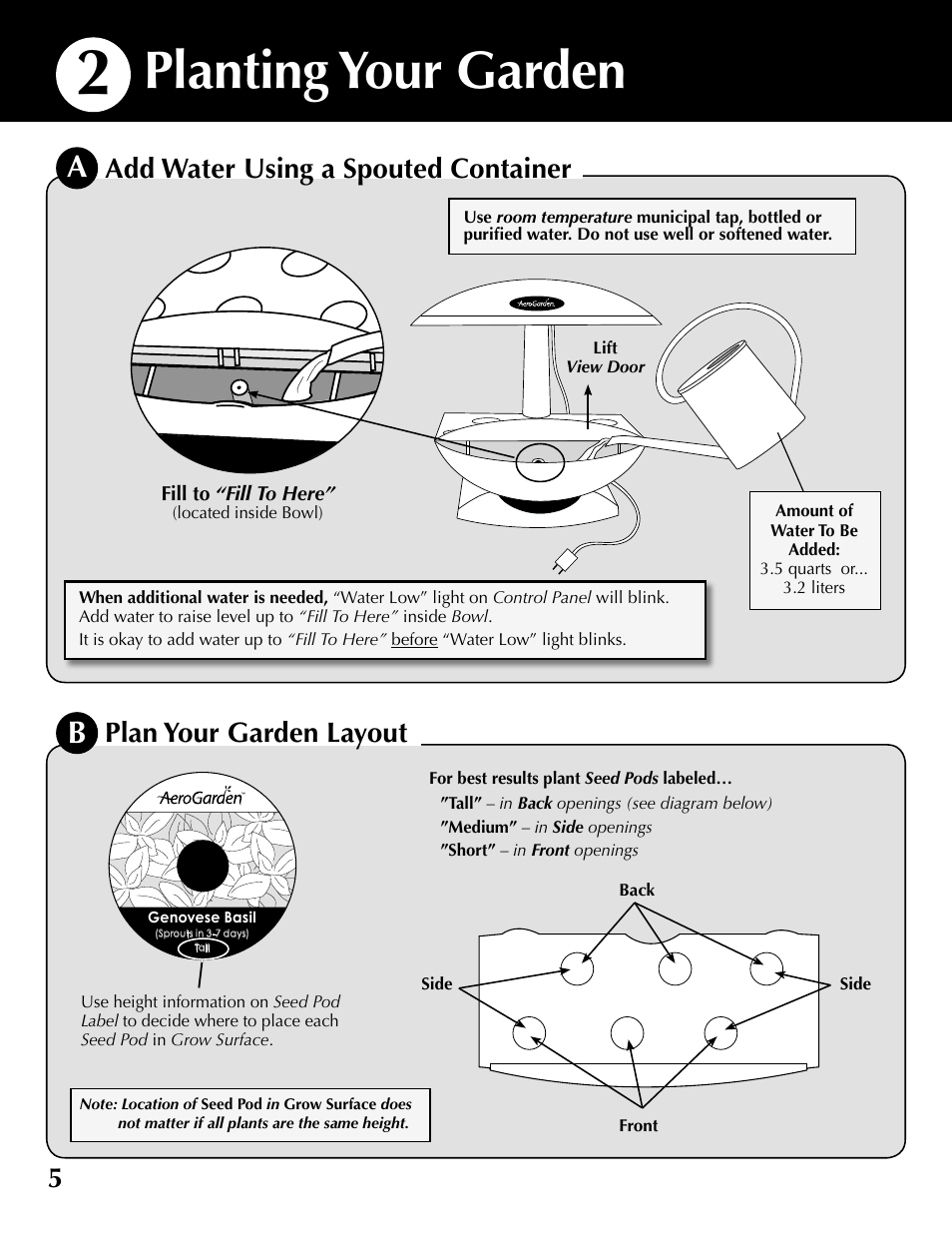 Planting your garden, 5plan your garden layout, Add water using a spouted container | AeroGarden 100610-SLR User Manual | Page 6 / 16