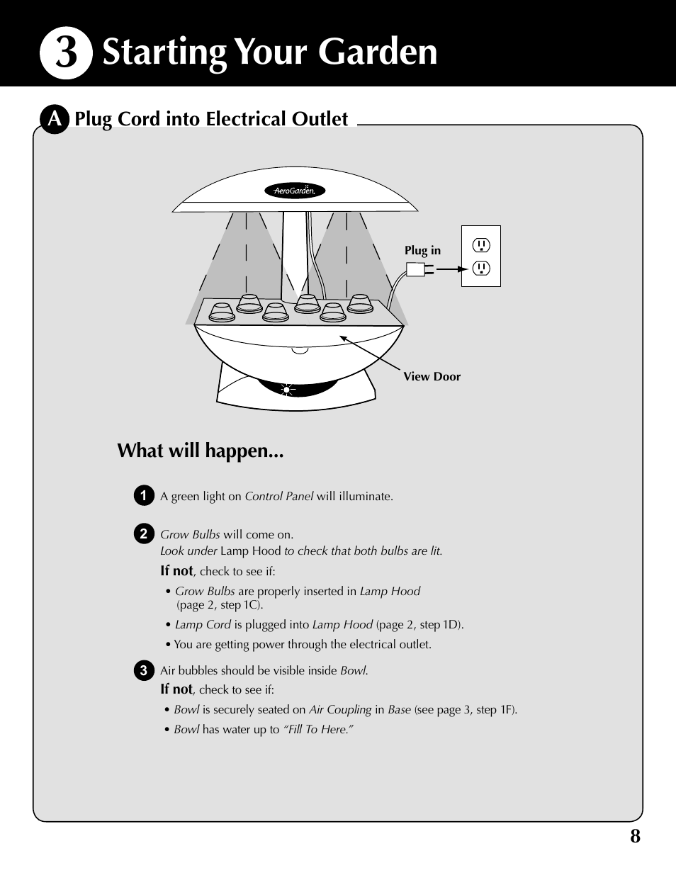 Starting your garden, 8plug cord into electrical outlet, What will happen | AeroGarden 100610-SLR User Manual | Page 9 / 16