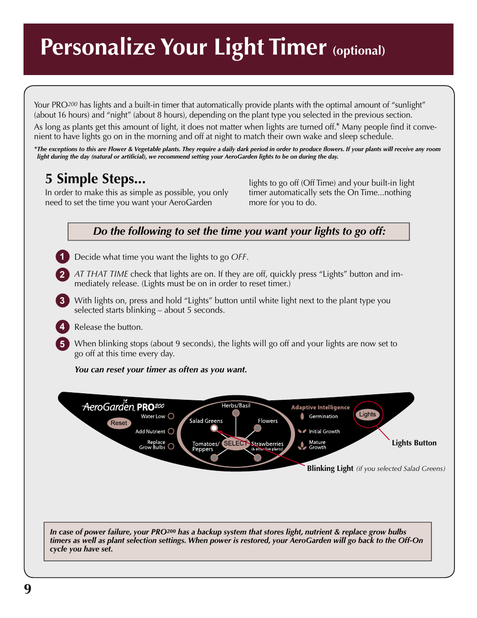 Personalize your light timer, 5 simple steps, Optional) | AeroGarden 100733-DSS User Manual | Page 10 / 16