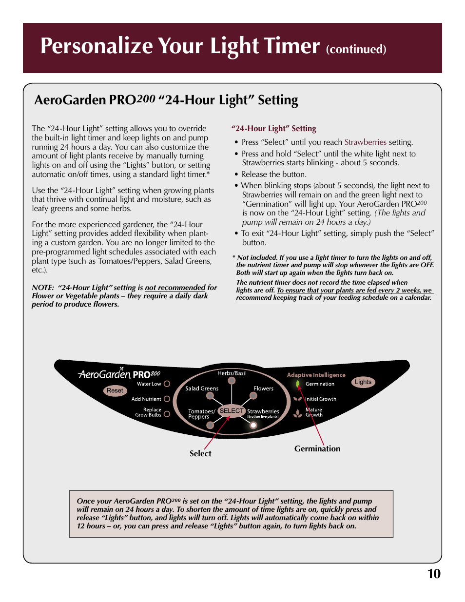 Personalize your light timer, Aerogarden pro, Hour light” setting | Continued) | AeroGarden 100733-DSS User Manual | Page 11 / 16