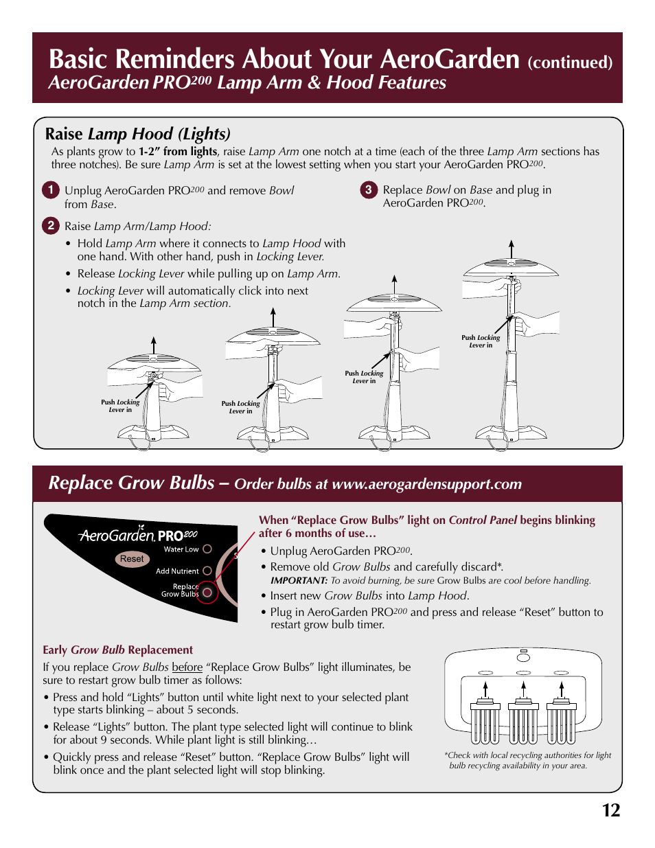 Basic reminders about your aerogarden, Aerogarden pro, Lamp arm & hood features | Replace grow bulbs, Raise lamp hood (lights), Continued) | AeroGarden 100733-DSS User Manual | Page 13 / 16