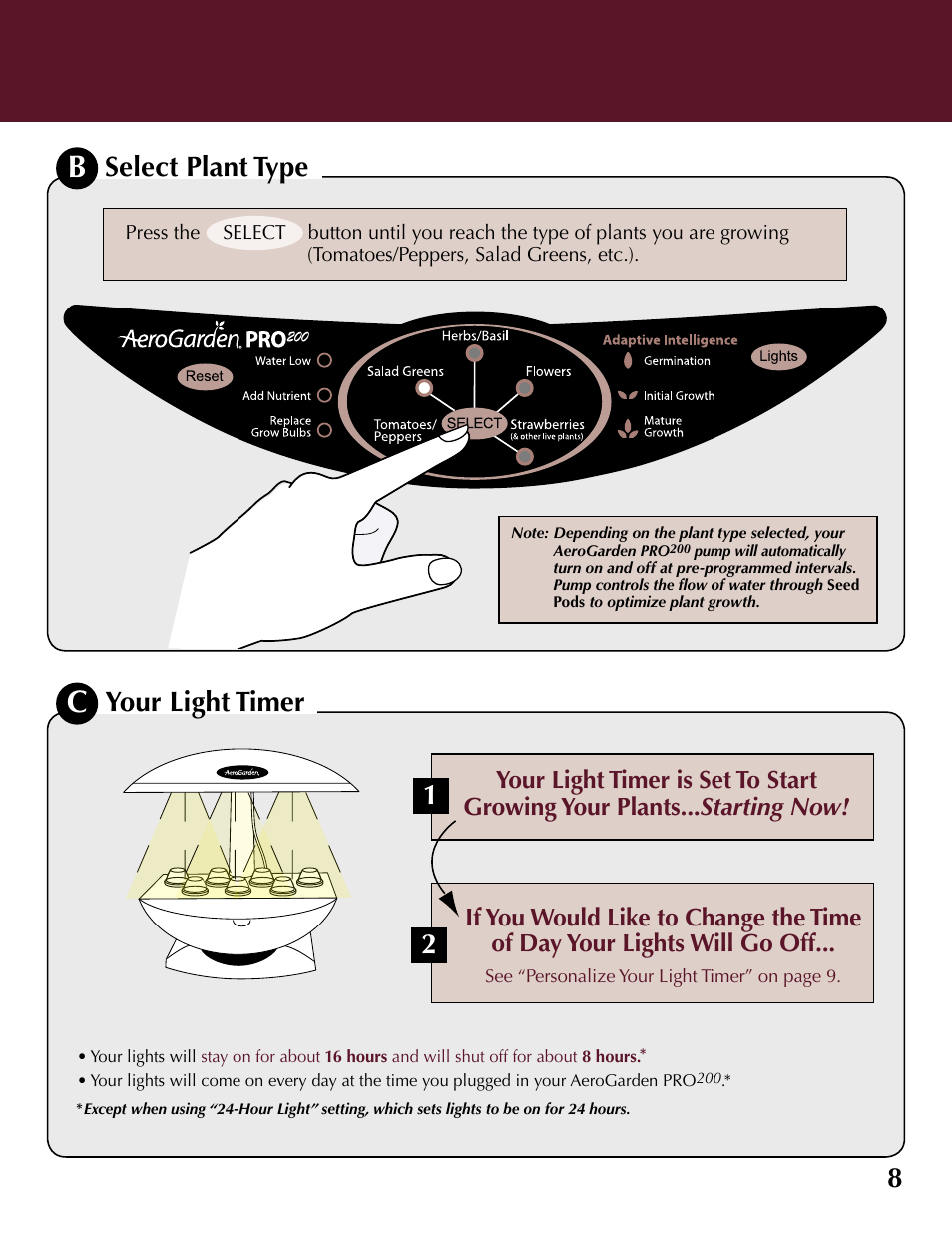 8select plant type, Your light timer | AeroGarden 100733-DSS User Manual | Page 9 / 16