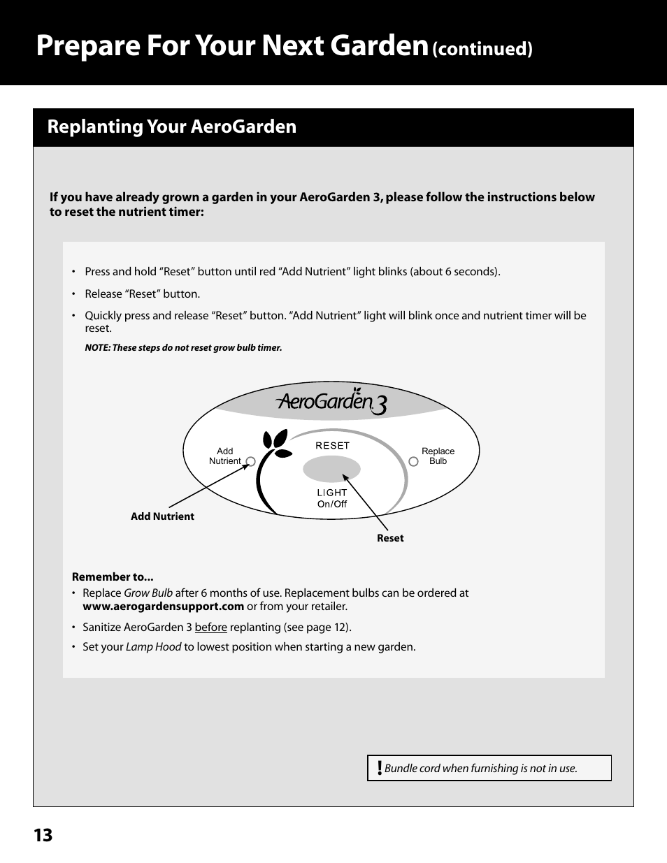 Prepare for your next garden, Continued) replanting your aerogarden | AeroGarden 100302-WHT User Manual | Page 14 / 16