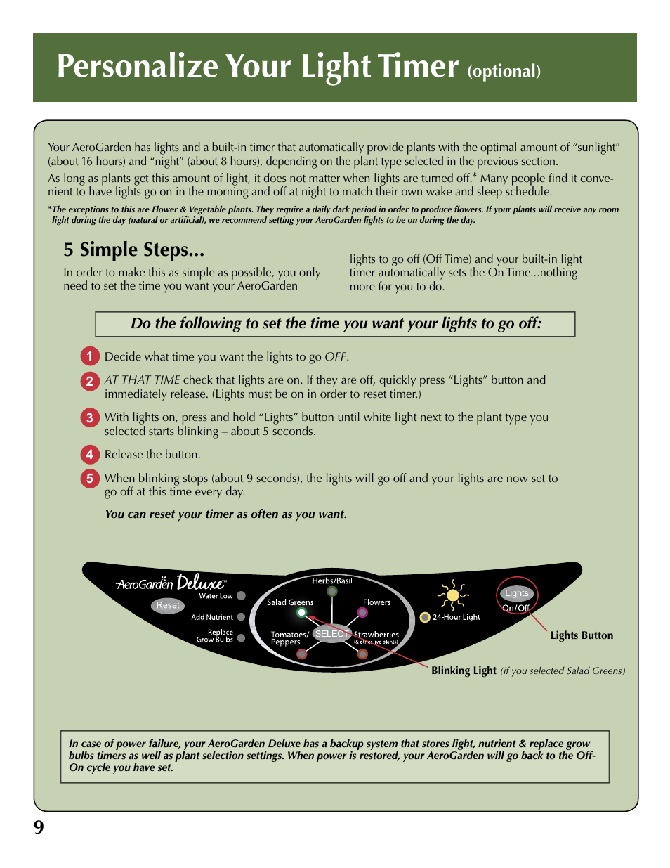 Personalize your light timer, 5 simple steps, Optional) | AeroGarden Deluxe 100733-WHT User Manual | Page 10 / 16