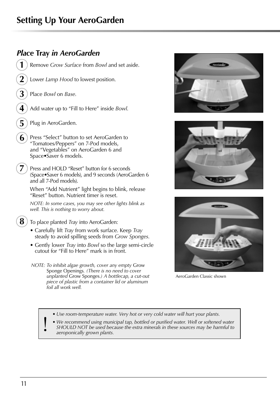 Setting up your aerogarden, Place tray in aerogarden | AeroGarden 507140-0000 AD User Manual | Page 12 / 26
