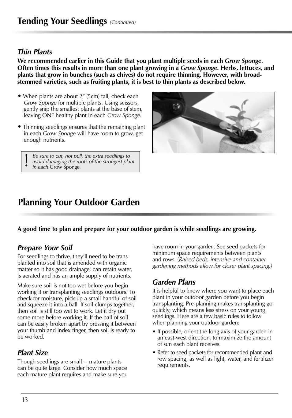 Tending your seedlings, Planning your outdoor garden, Plans | Thin plants, Prepare your soil, Plant size, Garden | AeroGarden 507140-0000 AD User Manual | Page 14 / 26