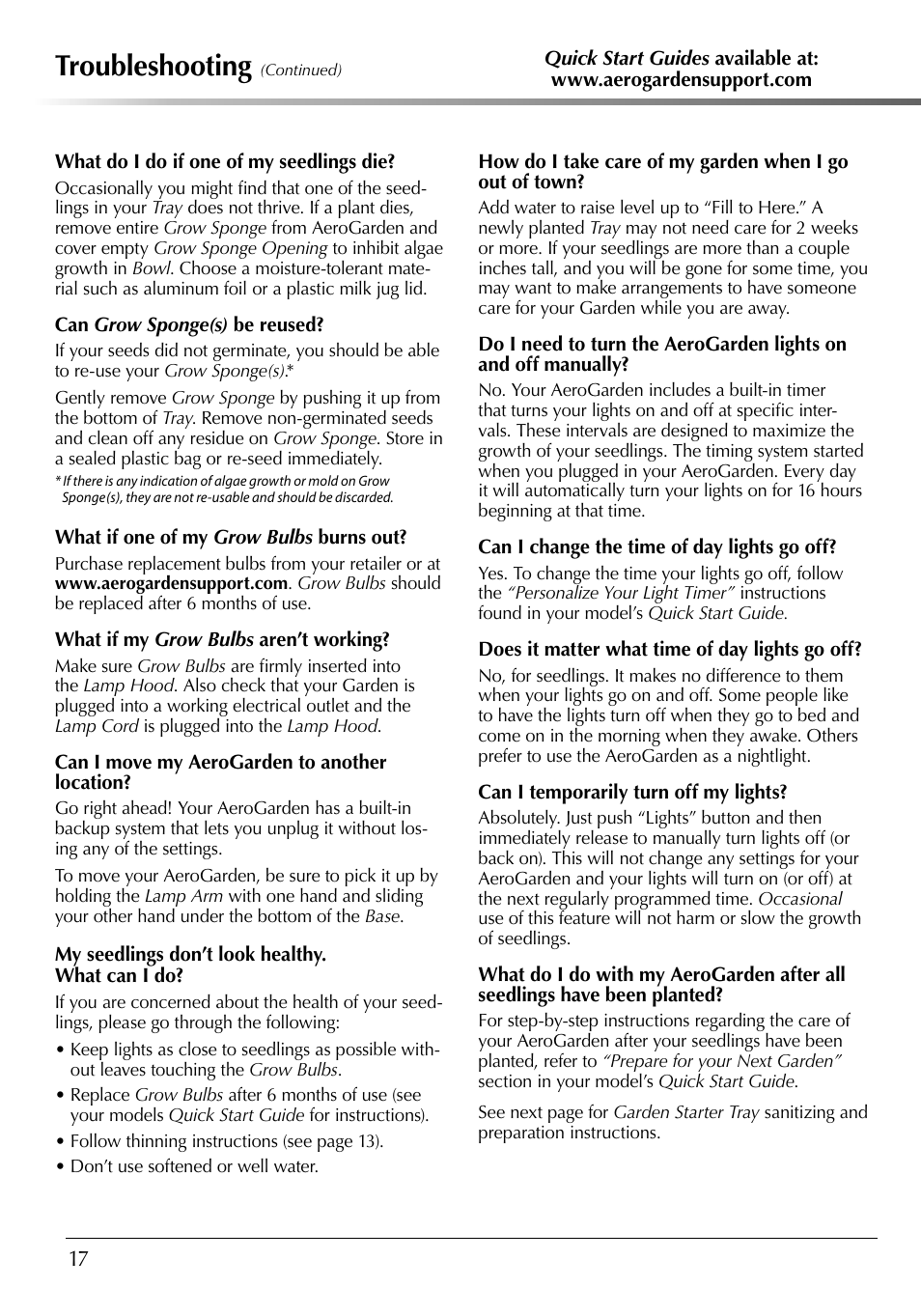Troubleshooting | AeroGarden 507140-0000 AD User Manual | Page 18 / 26