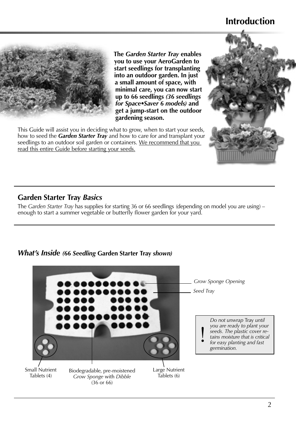 Introduction, What’s inside, Garden starter tray basics | AeroGarden 507140-0000 AD User Manual | Page 3 / 26