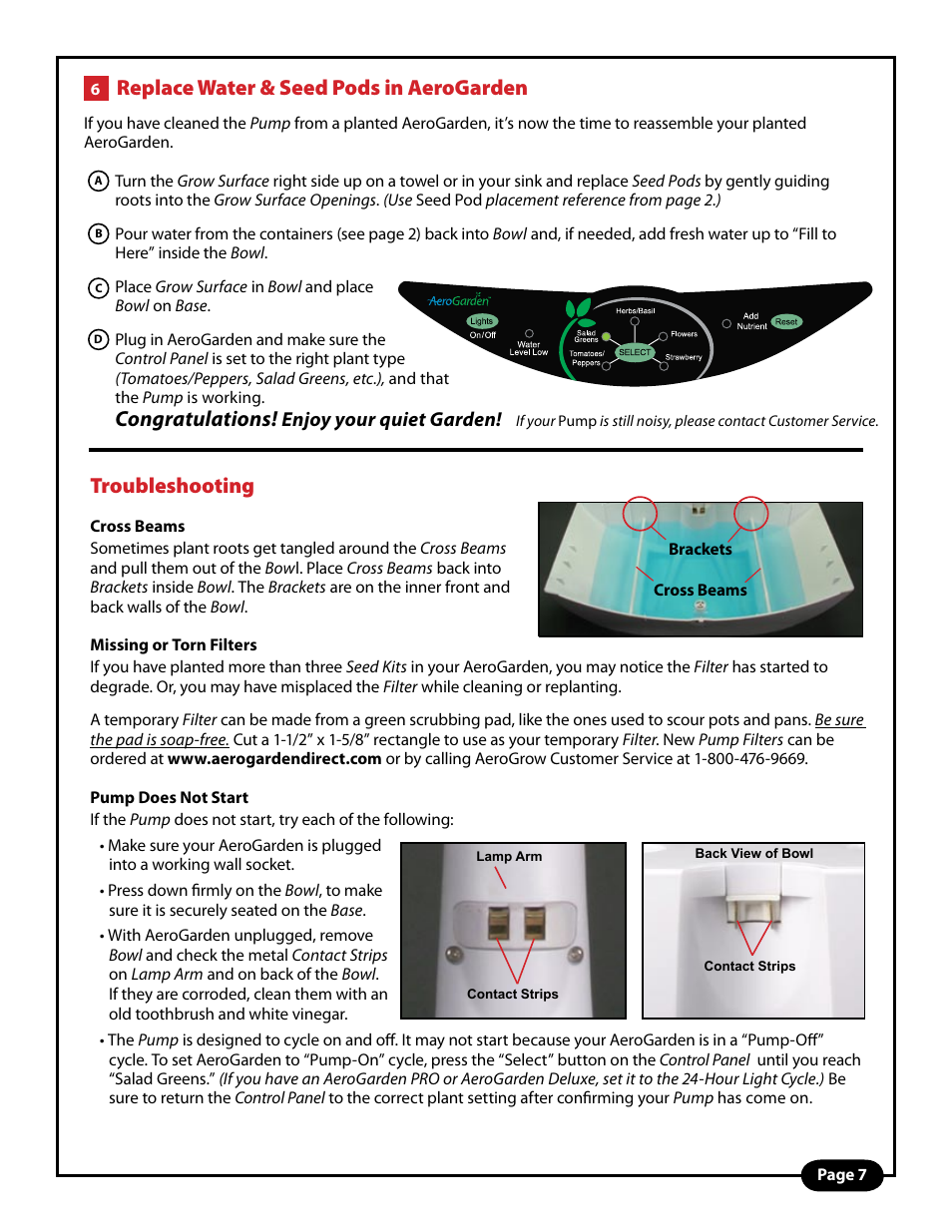 Replace water & seed pods in aerogarden, Troubleshooting, Enjoy your quiet garden | AeroGarden PRO User Manual | Page 7 / 8