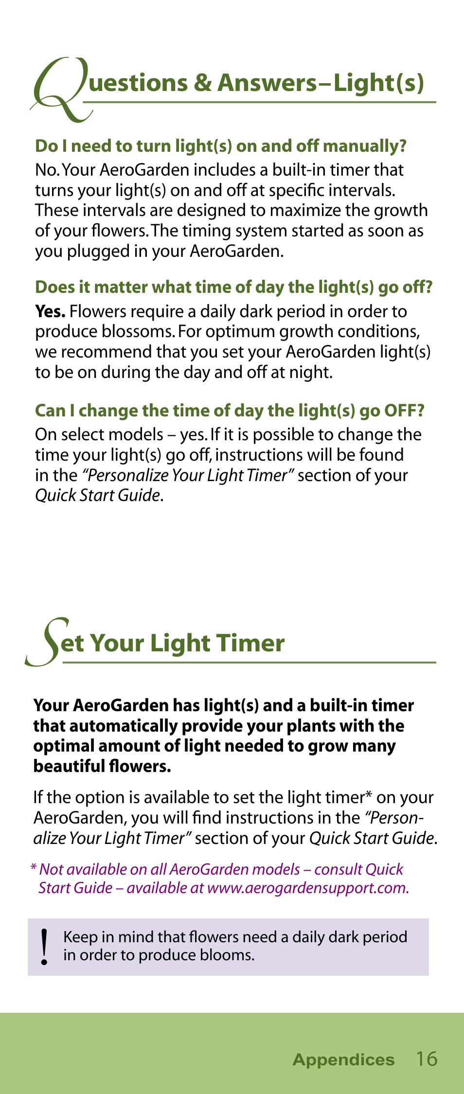 Uestions & answers–light(s), Et your light timer | AeroGarden Flower Series User Manual | Page 17 / 22