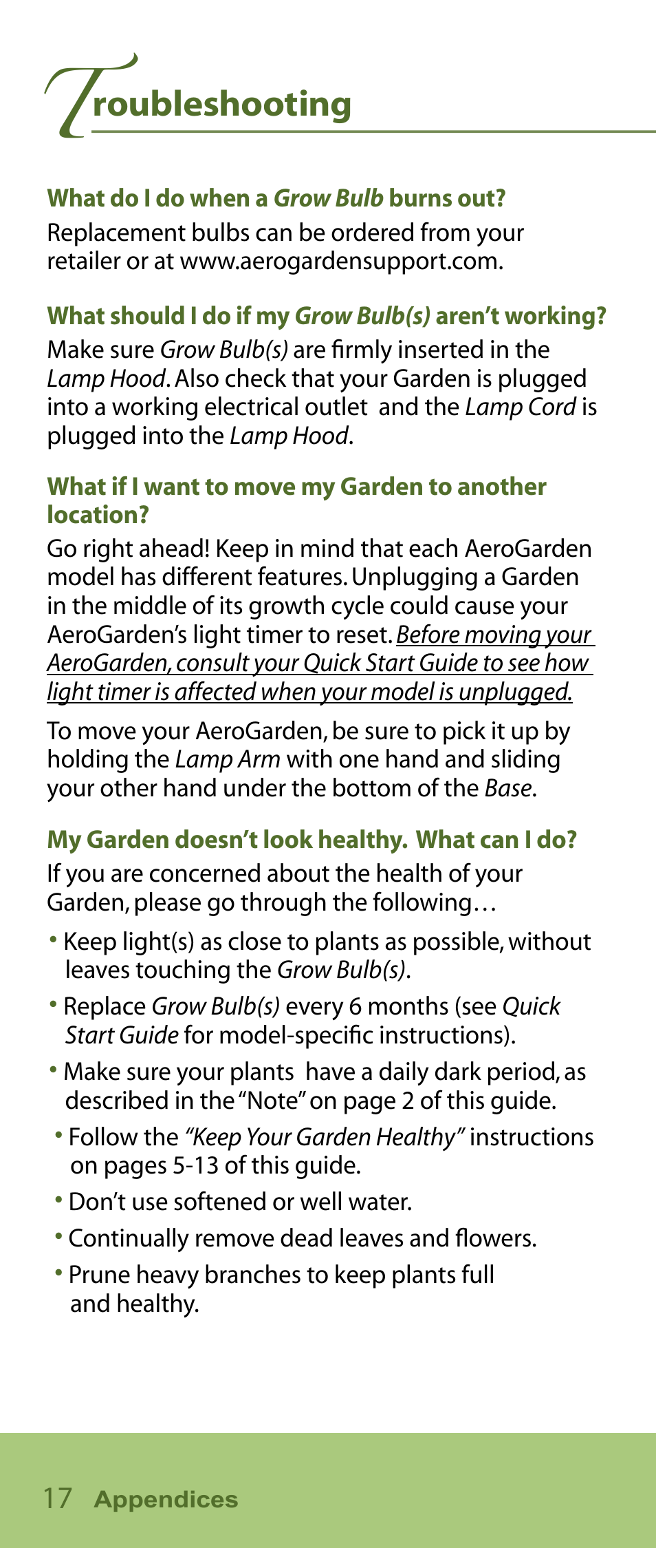 Roubleshooting | AeroGarden Flower Series User Manual | Page 18 / 22