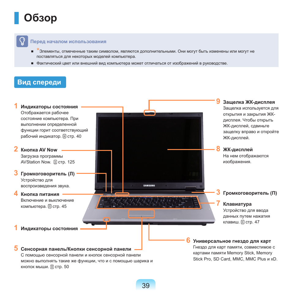Обзор, Вид спереди | Samsung NP-R40P User Manual | Page 40 / 195