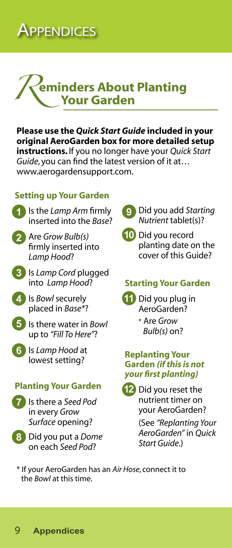 Ppendices, Eminders about planting your garden | AeroGarden Salad Series User Manual | Page 10 / 16