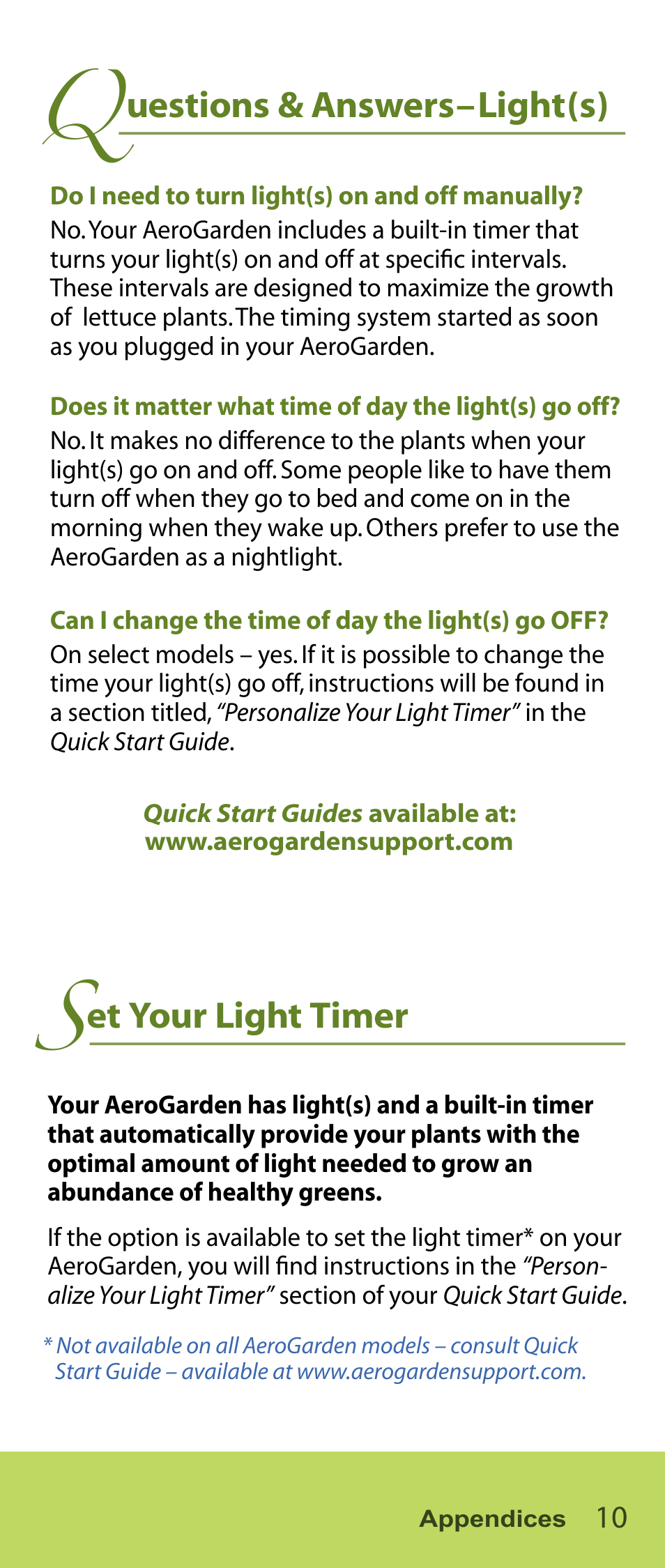 Uestions & answers–light(s), Et your light timer | AeroGarden Salad Series User Manual | Page 11 / 16