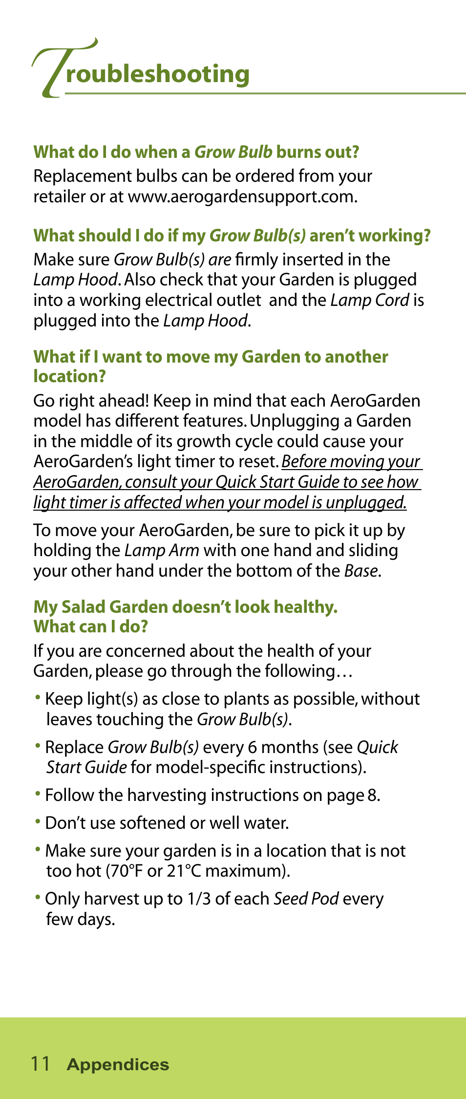 Roubleshooting | AeroGarden Salad Series User Manual | Page 12 / 16