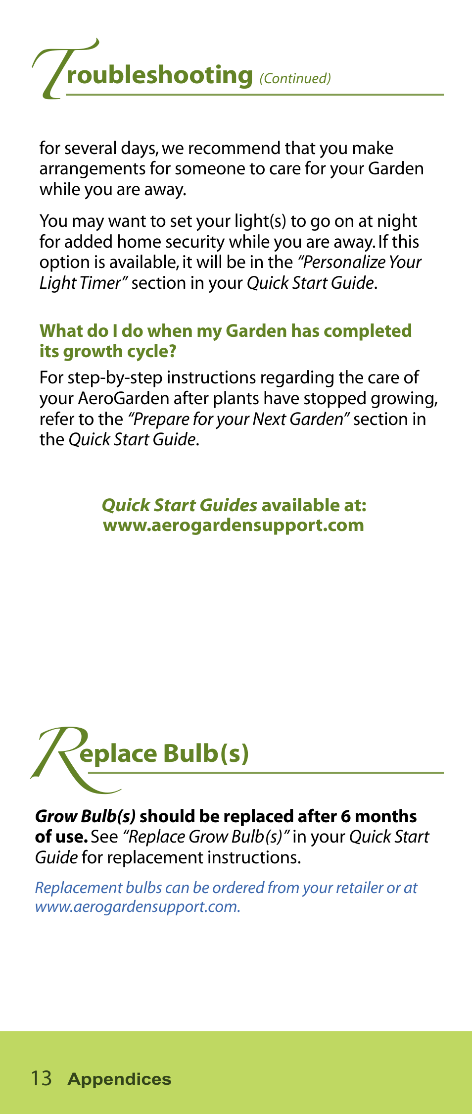 Roubleshooting, Eplace bulb(s) | AeroGarden Salad Series User Manual | Page 14 / 16