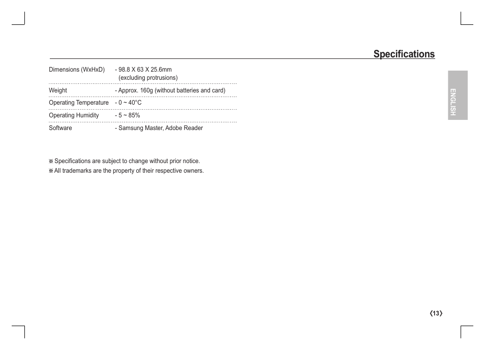 Specifi cations | Samsung S1060 User Manual | Page 14 / 98