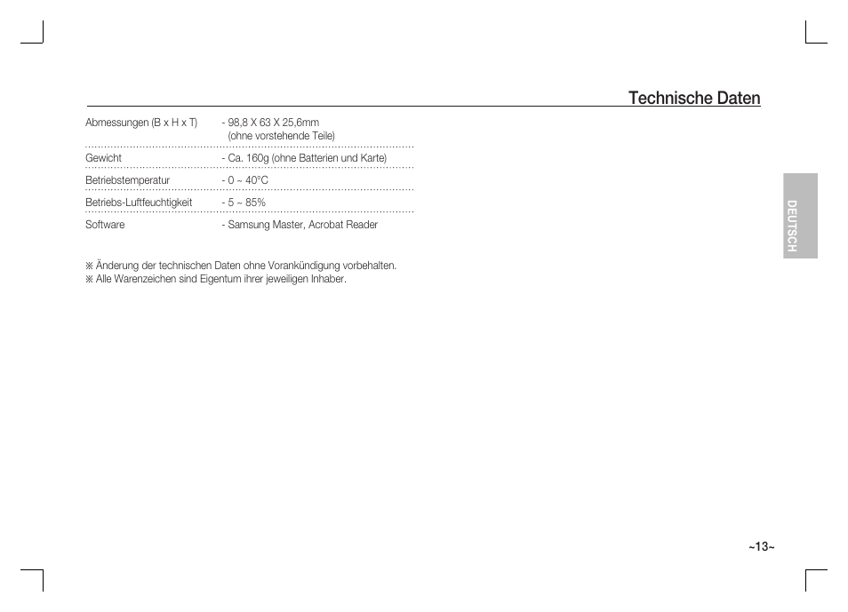 Technische daten | Samsung S1060 User Manual | Page 30 / 98