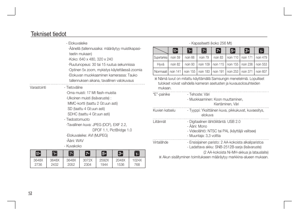 Tekniset tiedot | Samsung S1060 User Manual | Page 45 / 98