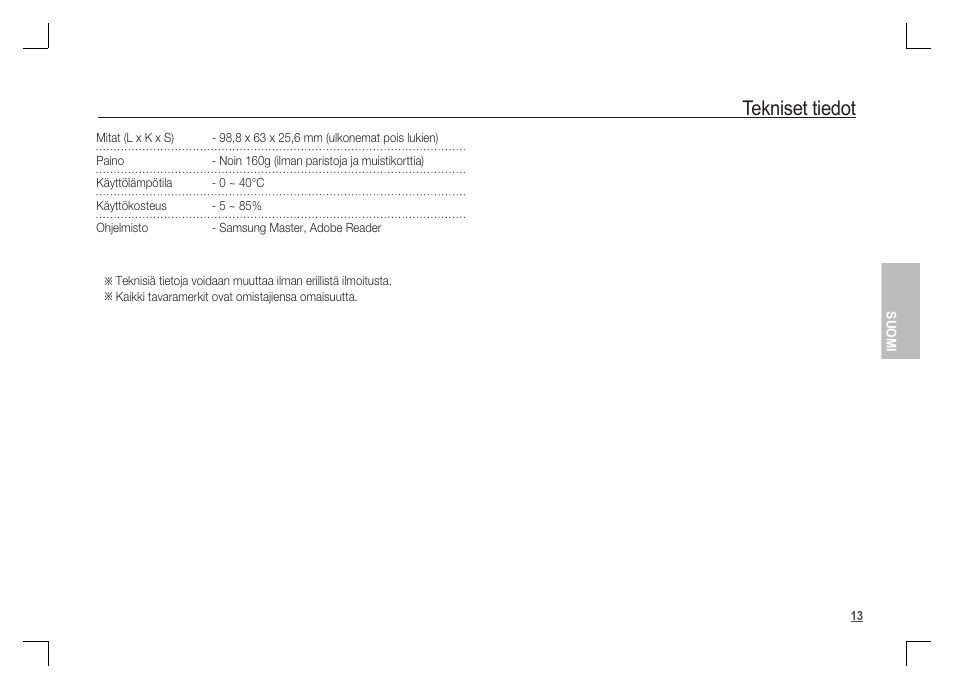 Tekniset tiedot | Samsung S1060 User Manual | Page 46 / 98