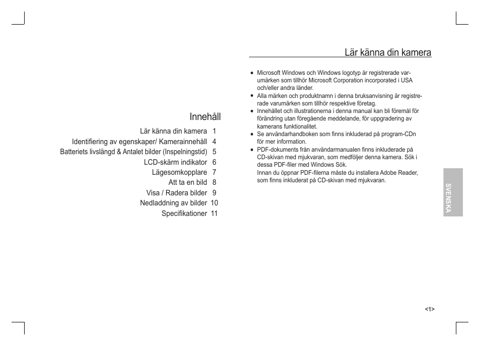 Innehåll, Lär känna din kamera | Samsung S1060 User Manual | Page 50 / 98