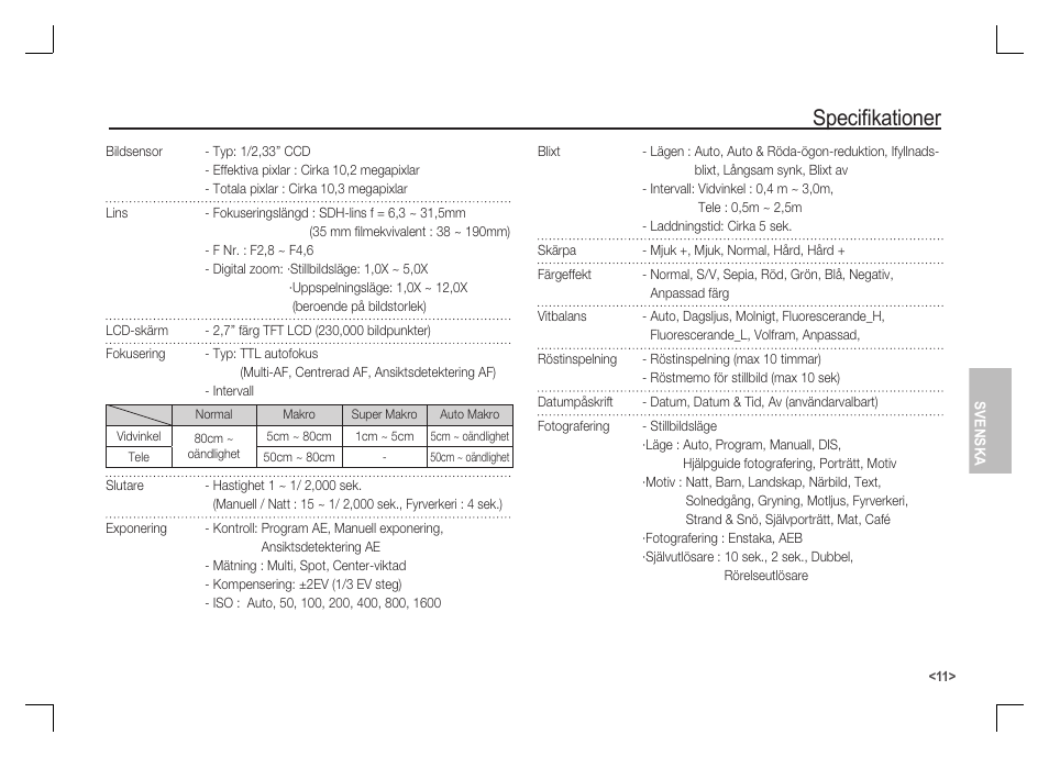 Specifi kationer | Samsung S1060 User Manual | Page 60 / 98