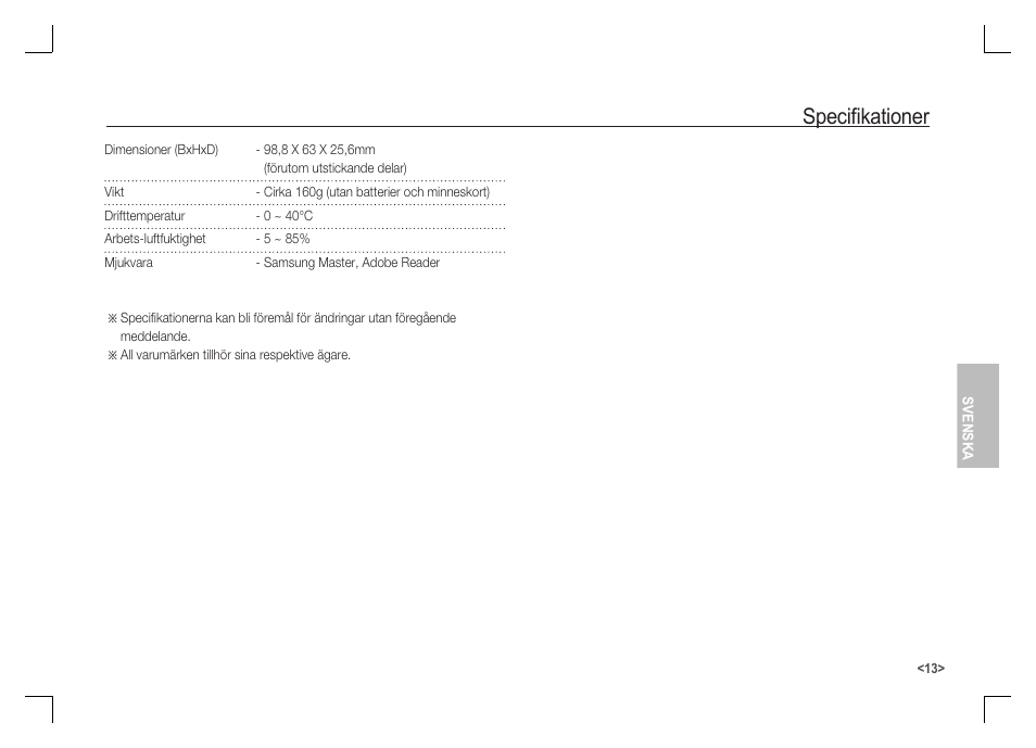 Specifi kationer | Samsung S1060 User Manual | Page 62 / 98