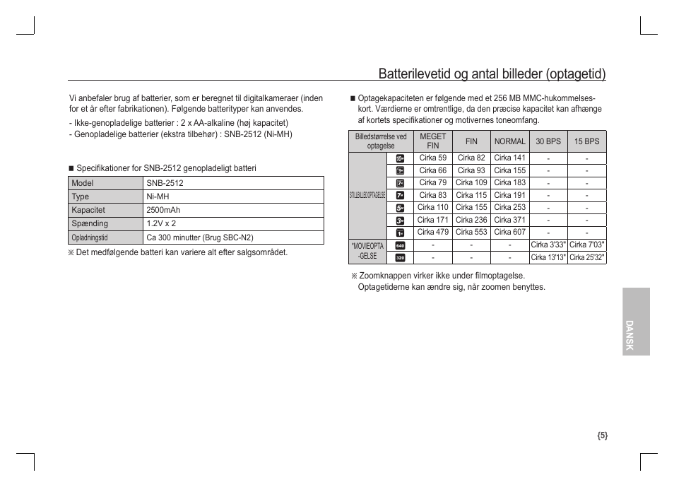 Batterilevetid og antal billeder (optagetid) | Samsung S1060 User Manual | Page 70 / 98