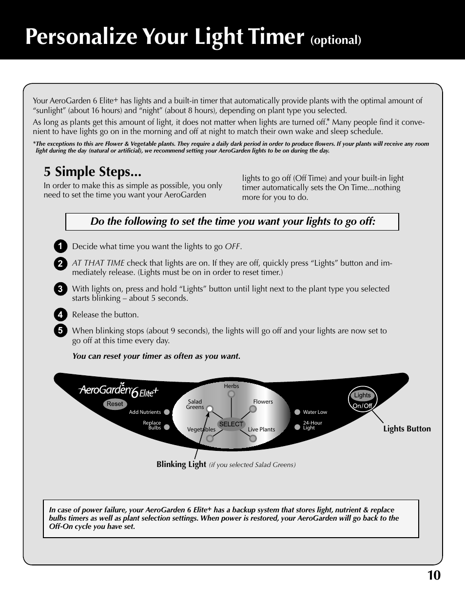 Personalize your light timer, 5 simple steps, Optional) | AeroGarden 6 Elite 100633-DSS User Manual | Page 11 / 16