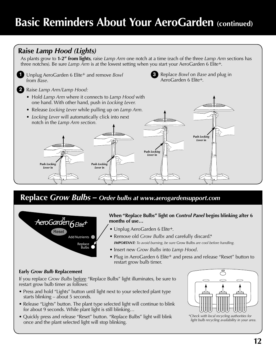 Basic reminders about your aerogarden, Replace grow bulbs, Continued) raise lamp hood (lights) | AeroGarden 6 Elite 100633-DSS User Manual | Page 13 / 16