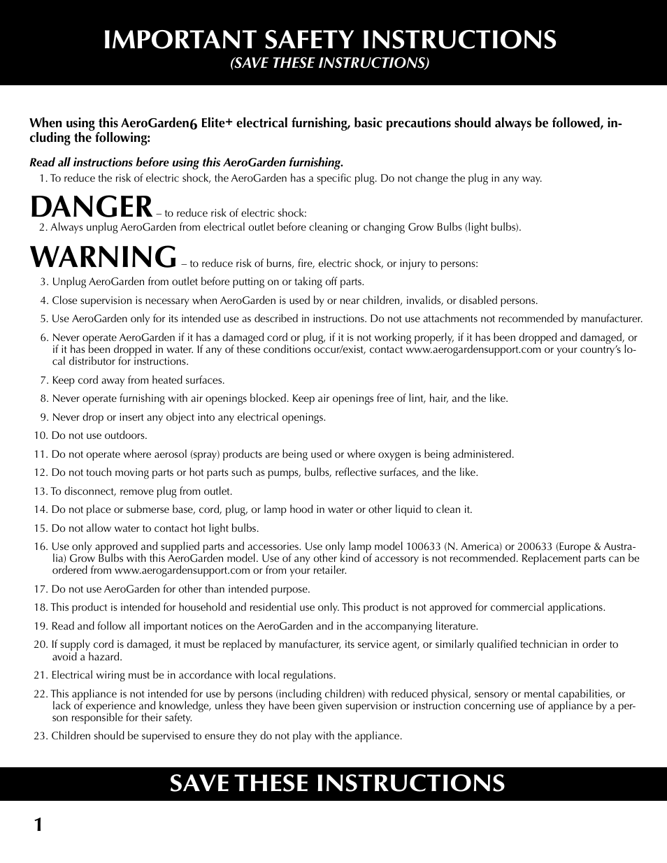 Danger, Warning, Important safety instructions | Save these instructions | AeroGarden 6 Elite 100633-DSS User Manual | Page 2 / 16