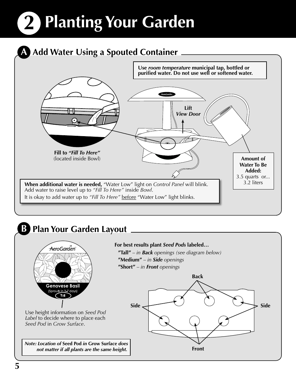 Planting your garden, 5plan your garden layout, Add water using a spouted container | AeroGarden 6 Elite 100633-DSS User Manual | Page 6 / 16