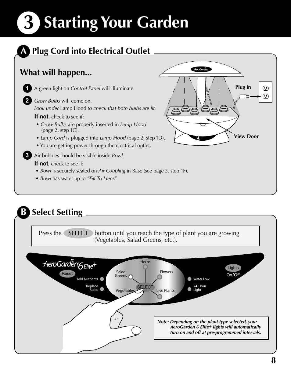 Starting your garden, 8plug cord into electrical outlet, Select setting | What will happen | AeroGarden 6 Elite 100633-DSS User Manual | Page 9 / 16