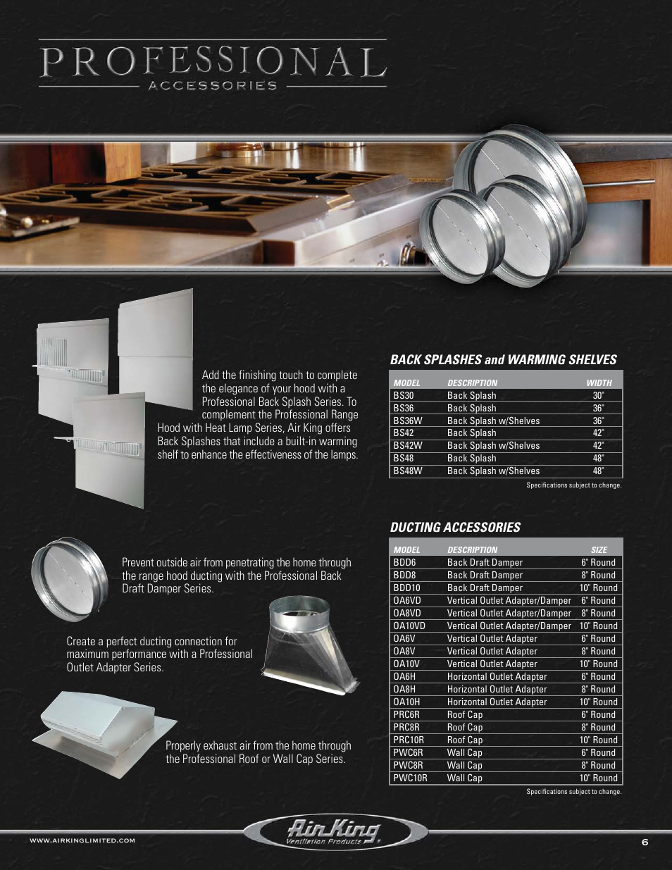Ducting accessories, Back splashes and warming shelves | Air King P1842 User Manual | Page 6 / 8