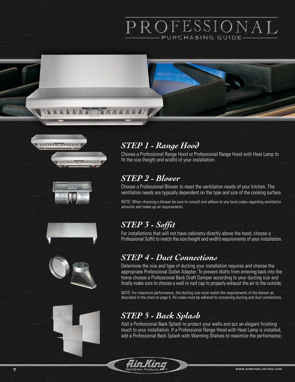 Step 1 - range hood, Step 2 - blower, Step 3 - soffit | Step 4 - duct connections, Step 5 - back splash | Air King P1842 User Manual | Page 7 / 8