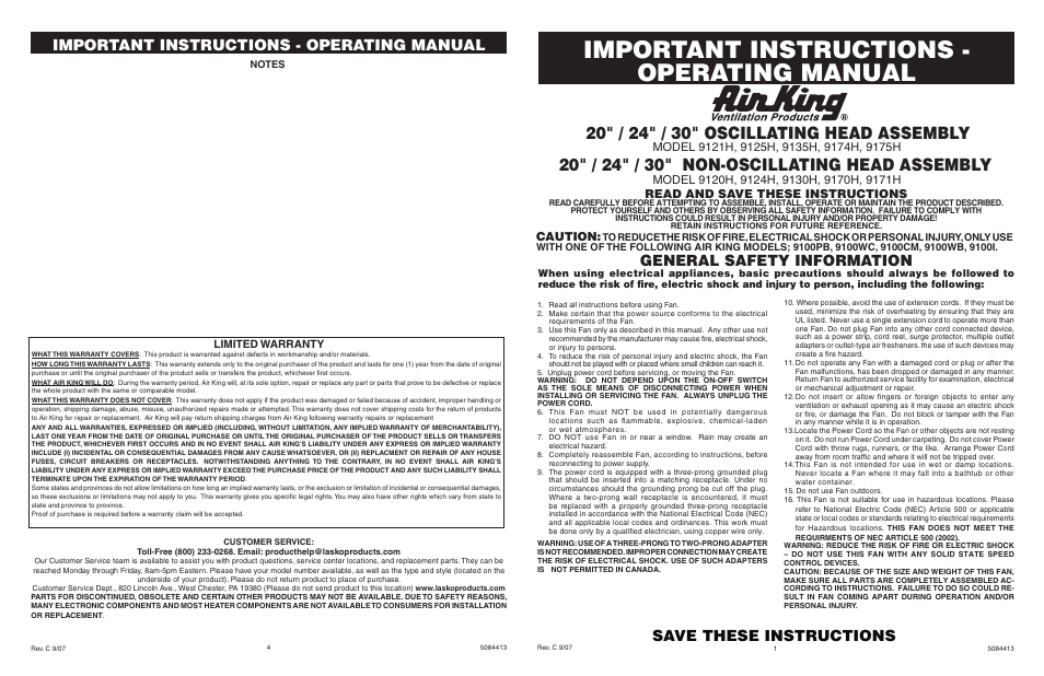 Air King 9124H User Manual | 2 pages