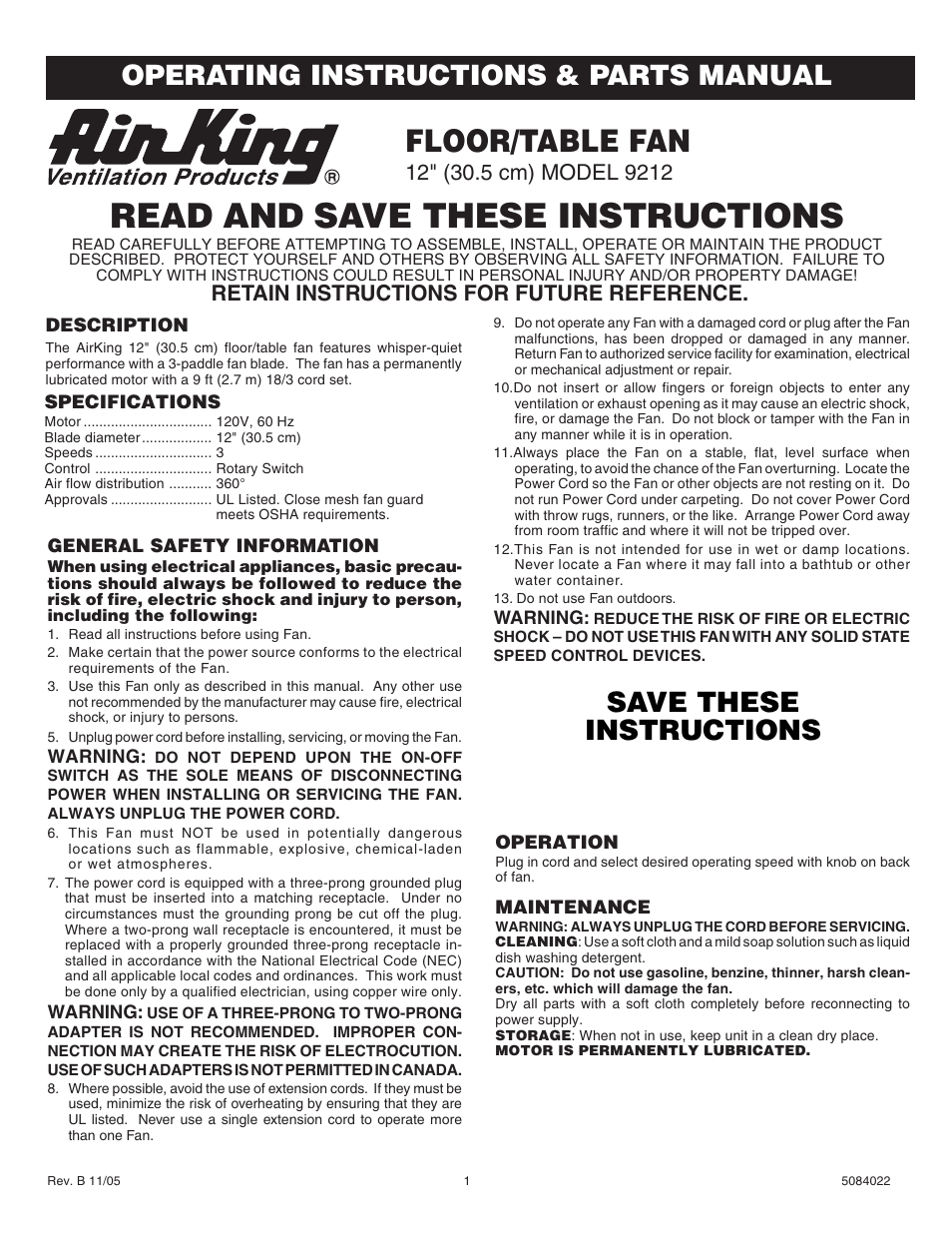 Air King AIRKING 12" 9212 User Manual | 4 pages