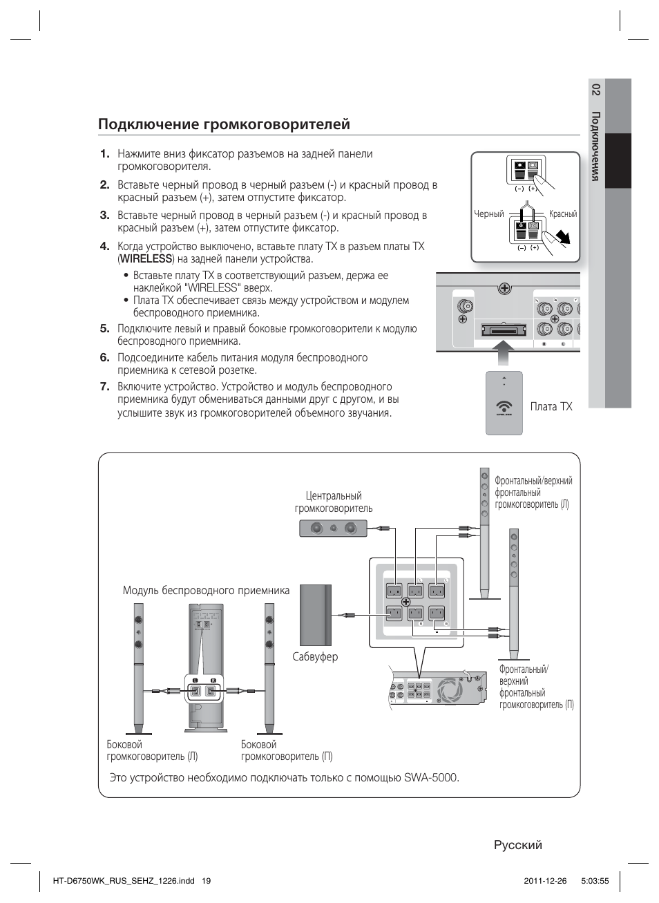 Подключение громкоговорителей, Pyccкий, Плата tx | 02 подключения | Samsung HT-D6750WK User Manual | Page 19 / 80