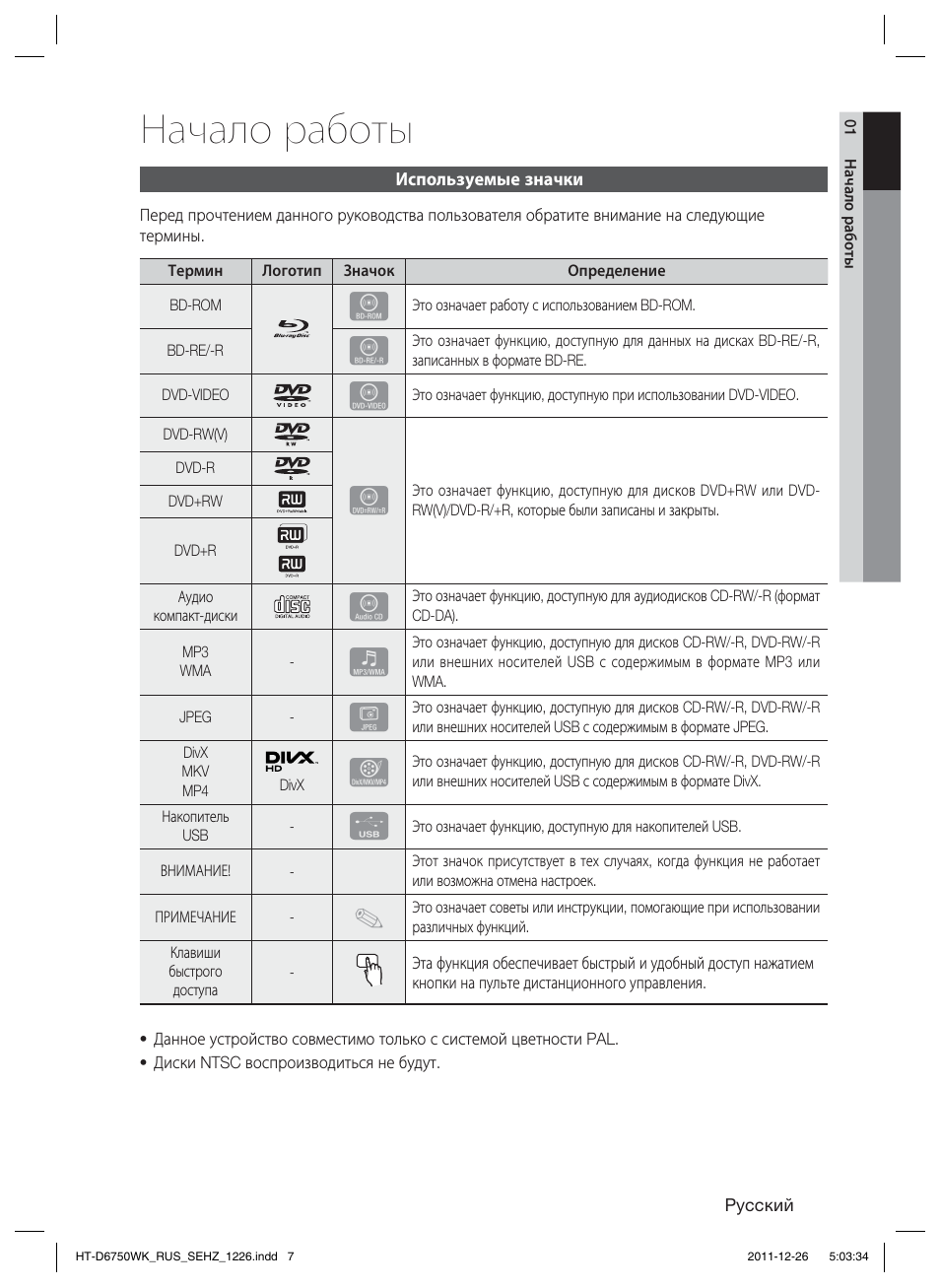 Начало работы | Samsung HT-D6750WK User Manual | Page 7 / 80