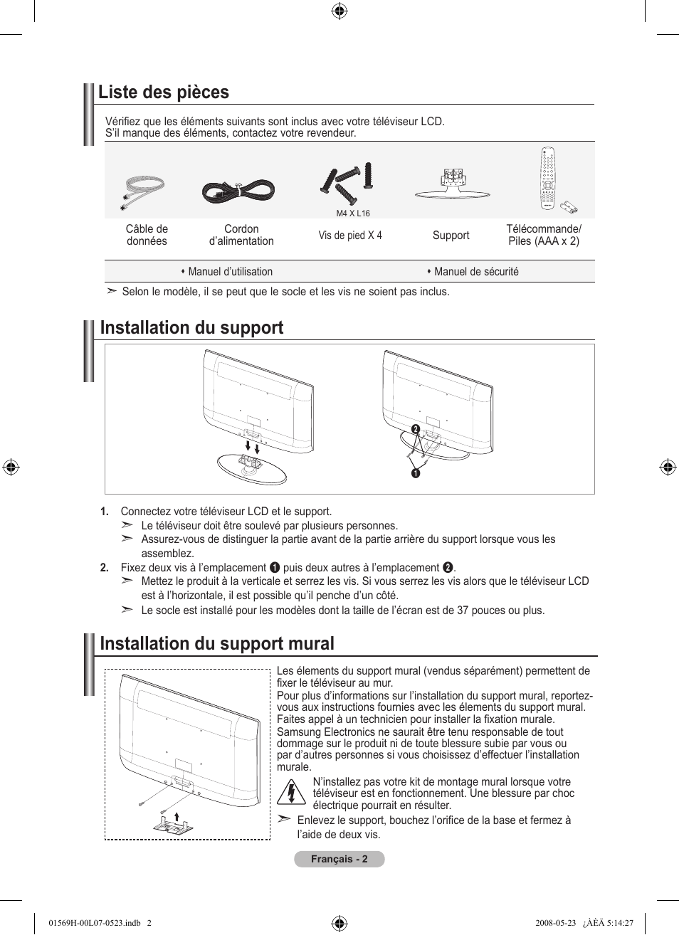 Liste des pièces, Installation du support, Installation du support mural | Samsung LE22S81BH User Manual | Page 12 / 58