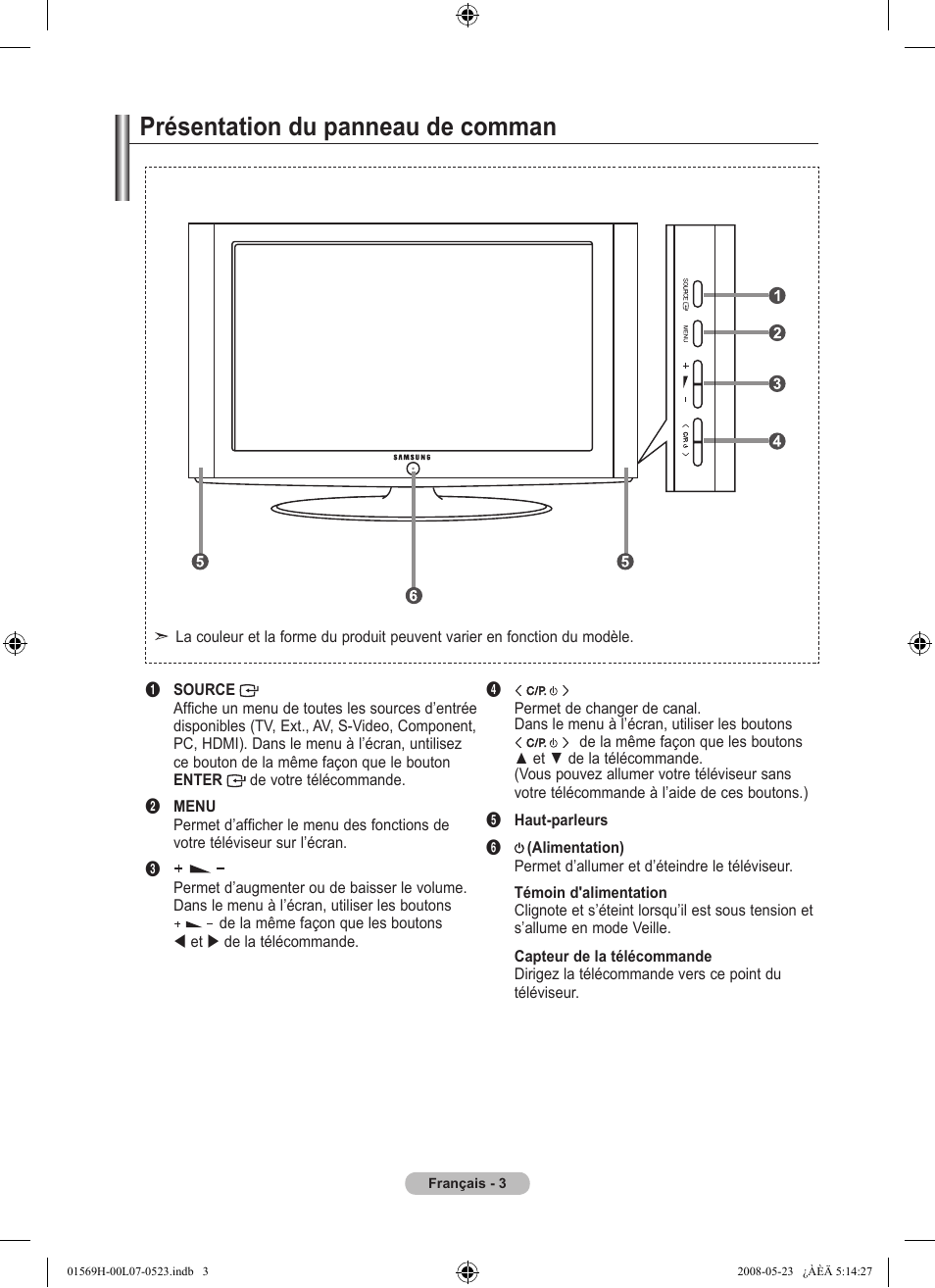 Présentation du panneau de comman | Samsung LE22S81BH User Manual | Page 13 / 58