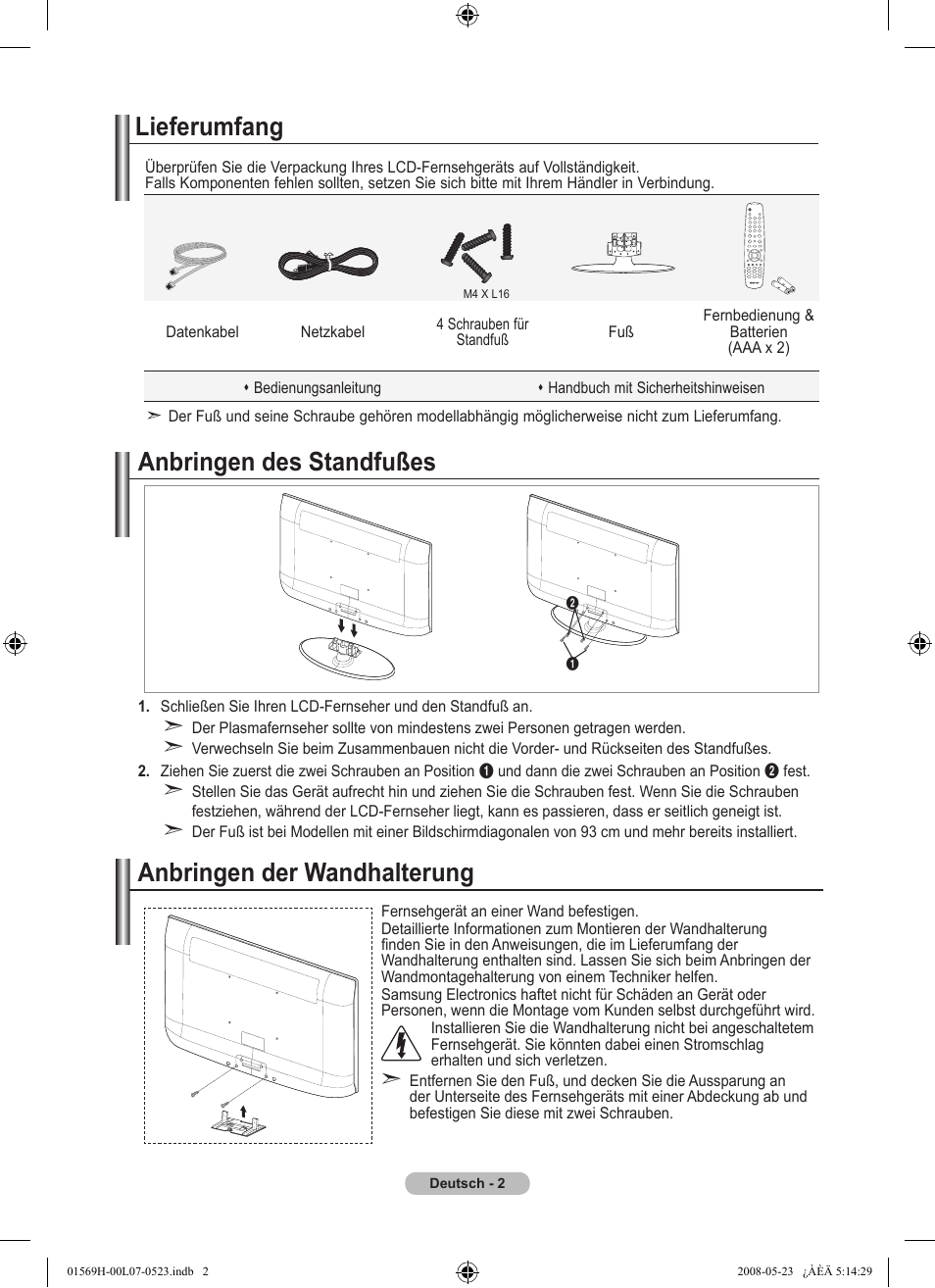 Lieferumfang, Anbringen des standfußes, Anbringen der wandhalterung | Samsung LE22S81BH User Manual | Page 20 / 58