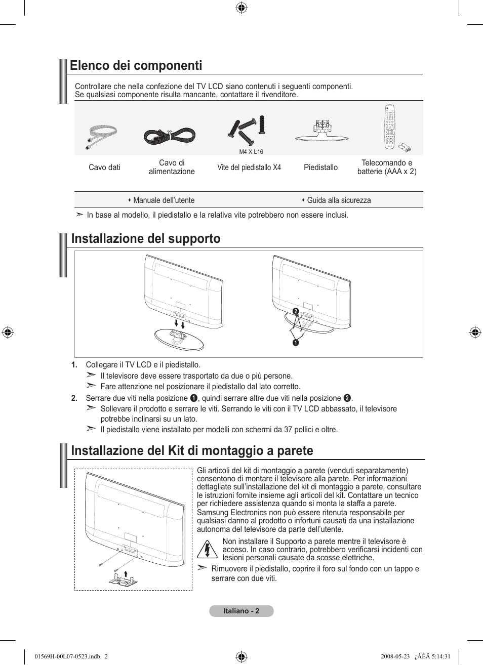 Elenco dei componenti, Installazione del supporto, Installazione del kit di montaggio a parete | Samsung LE22S81BH User Manual | Page 28 / 58