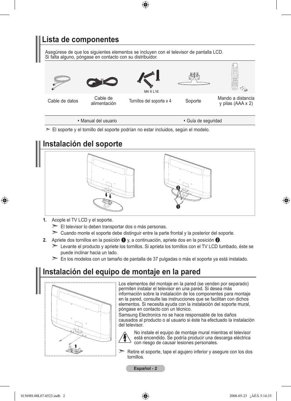 Lista de componentes, Instalación del soporte, Instalación del equipo de montaje en la pared | Samsung LE22S81BH User Manual | Page 36 / 58