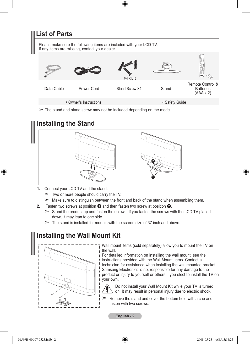 Connecting and preparing your tv, List of parts, Installing the stand | Installing the wall mount kit | Samsung LE22S81BH User Manual | Page 4 / 58