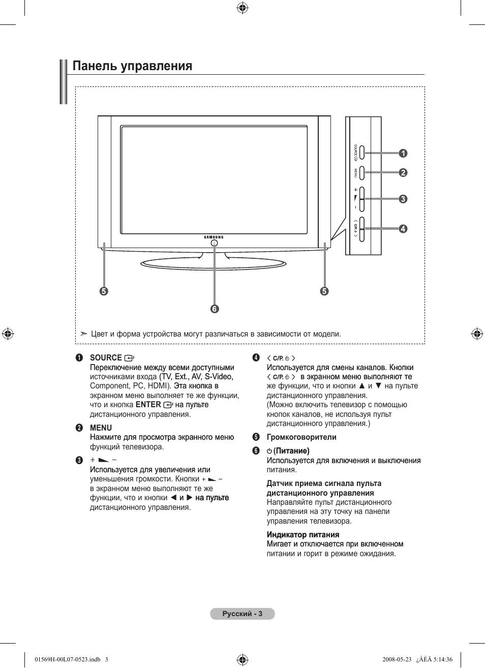 Панель управления | Samsung LE22S81BH User Manual | Page 45 / 58