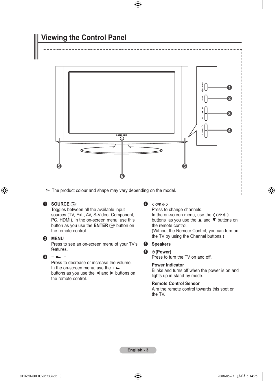 Viewing the control panel | Samsung LE22S81BH User Manual | Page 5 / 58