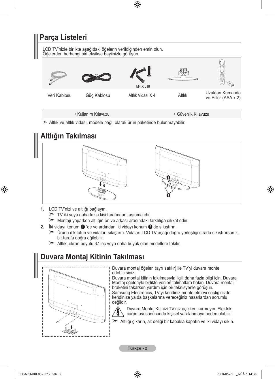 Parça listeleri, Altlığın takılması, Duvara montaj kitinin takılması | Samsung LE22S81BH User Manual | Page 52 / 58