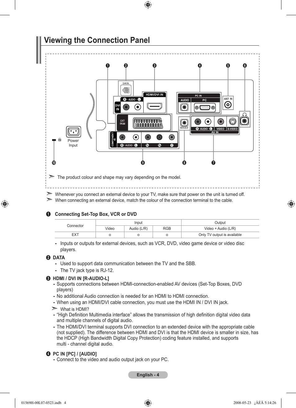 Viewing the connection panel | Samsung LE22S81BH User Manual | Page 6 / 58